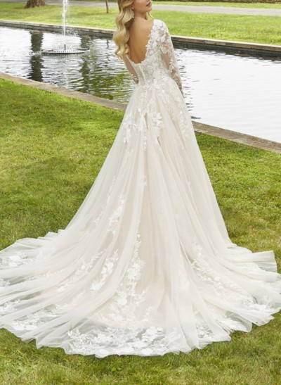 A-Line Sweetheart Long Sleeves Sweep Train Lace/Tulle Wedding Dresses
