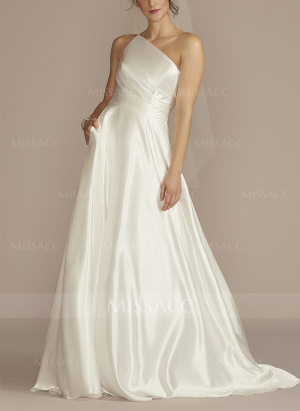 A-Line One-Shoulder Sleeveless Sweep Train Silk Like Satin Wedding Dresses