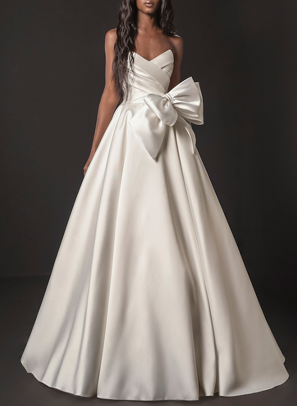 A-Line Sweetheart Sleeveless Sweep Train Satin Wedding Dresses With Bow(s)
