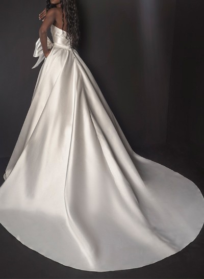 A-Line Sweetheart Sleeveless Sweep Train Satin Wedding Dresses With Bow(s)