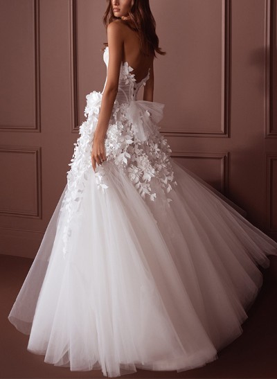 A-Line Strapless Sleeveless Floor-Length Tulle Wedding Dresses With Flower(s)