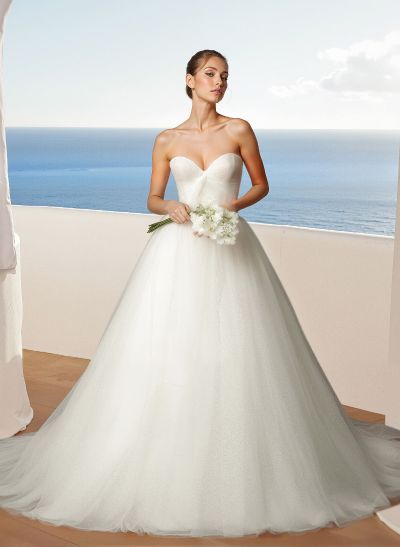 A-Line Sweetheart Sleeveless Floor-Length Tulle Wedding Dresses