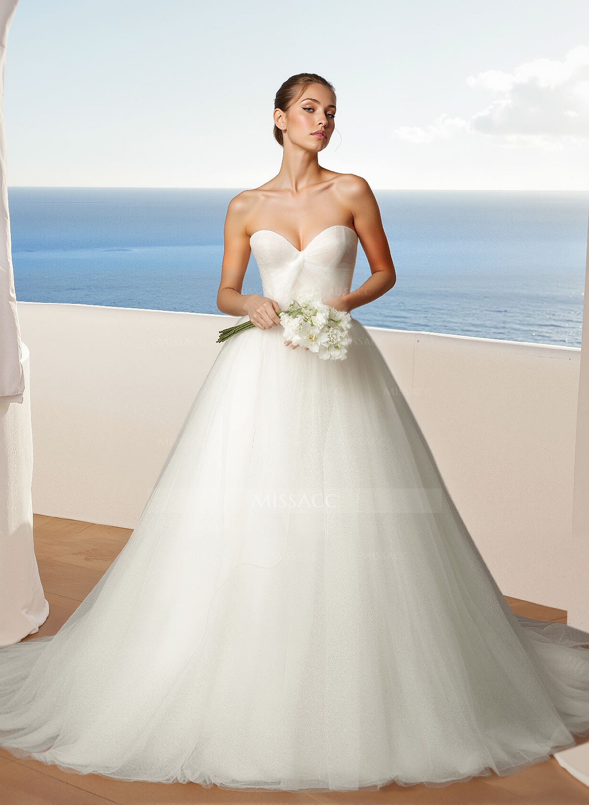 A-Line Sweetheart Sleeveless Floor-Length Tulle Wedding Dresses