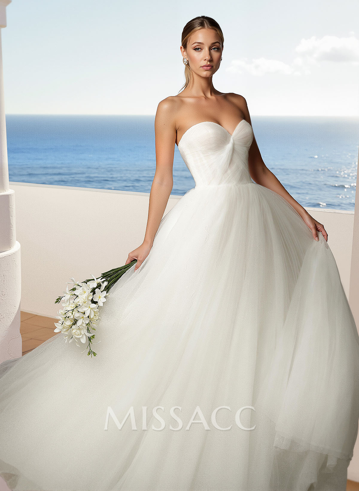 A-Line Sweetheart Sleeveless Sweep Train Tulle Wedding Dresses