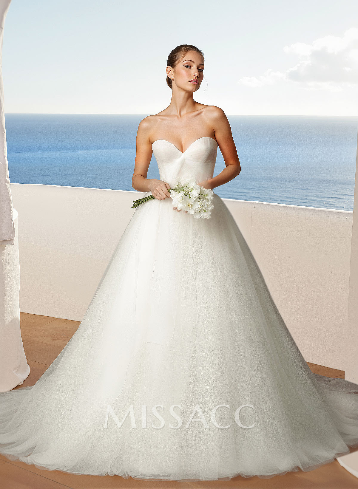 A-Line Sweetheart Sleeveless Sweep Train Tulle Wedding Dresses
