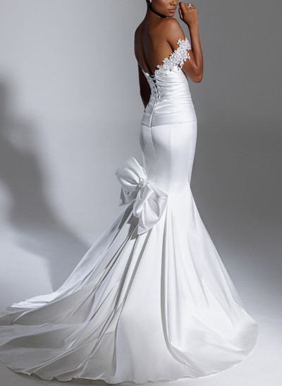 Trumpet/Mermaid Off-The-Shoulder Sleeveless Satin Wedding Dresses With Bow(s)