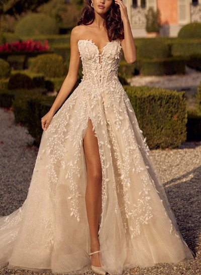 A-Line Sweetheart Sleeveless Lace Wedding Dresses With Appliques Lace