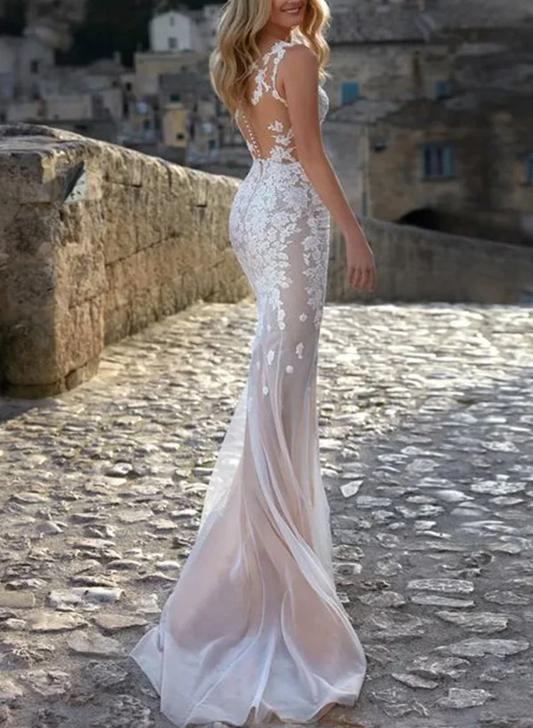 Illusion Neck Tulle Wedding Dresses Appliques Lace