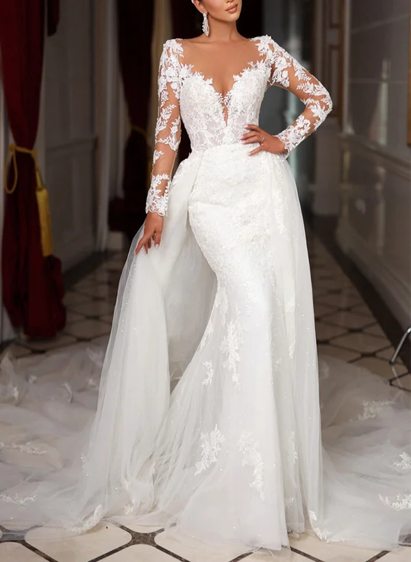 chinese dress ladies Chic V-Neck Long Sleeves Mermaid Lace Wedding Dress main image 0