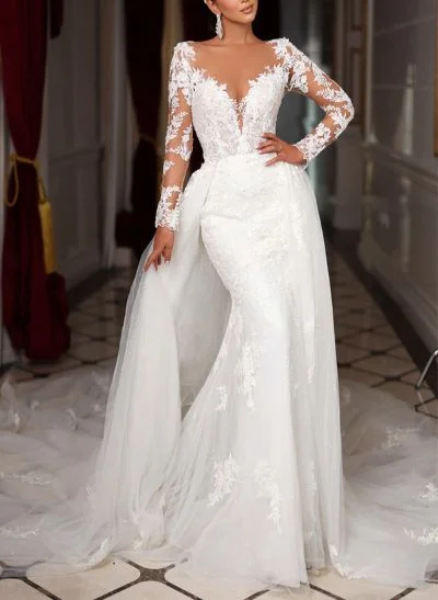 Trumpet/Mermaid Long Sleeves Tulle Wedding Dresses With Appliques Lace