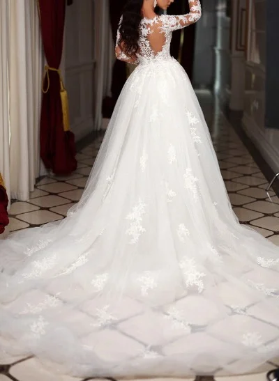 Trumpet/Mermaid Long Sleeves Tulle Wedding Dresses With Appliques Lace