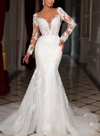 Trumpet/Mermaid Long Sleeves Tulle Wedding Dresses With Appliques Lace