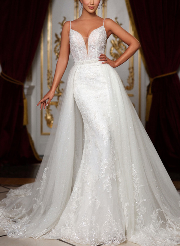 Trumpet/Mermaid V-Neck Lace/Tulle Wedding Dresses With Appliques Lace