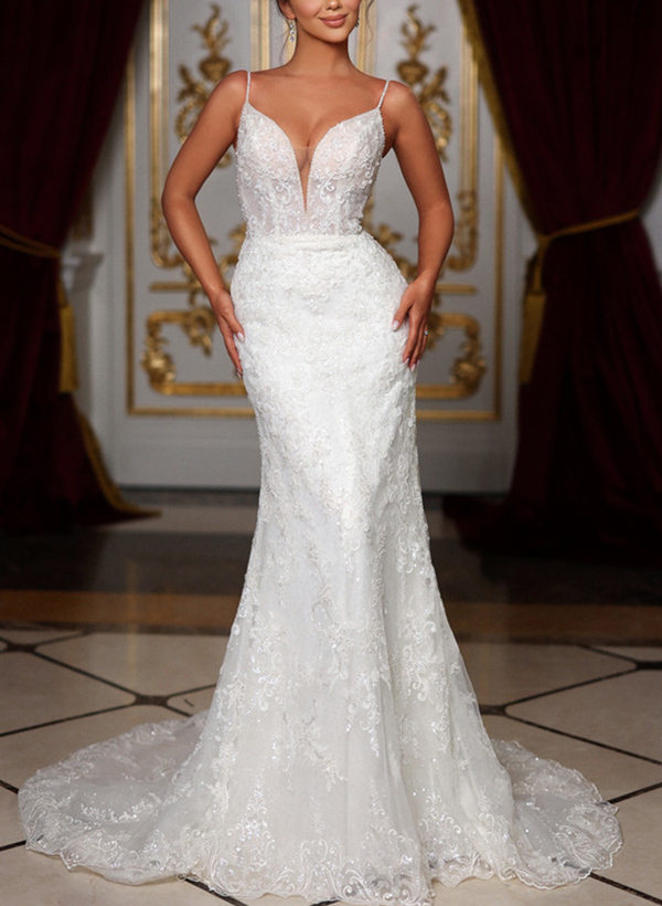 Trumpet/Mermaid V-Neck Lace/Tulle Wedding Dresses With Appliques Lace