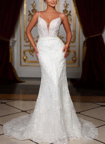 Trumpet/Mermaid V-Neck Lace/Tulle Wedding Dresses With Appliques Lace
