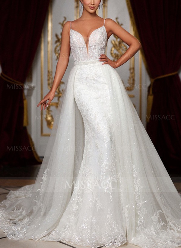 Trumpet/Mermaid V-Neck Lace/Tulle Wedding Dresses With Appliques Lace