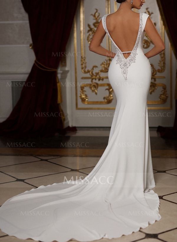 Trumpet/Mermaid V-Neck Sleeveless Elastic Satin Wedding Dresses With Rhinestone