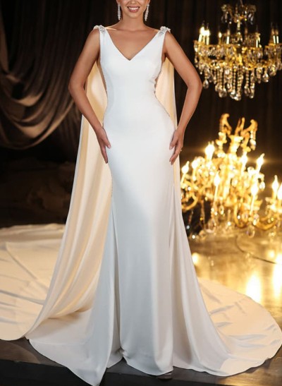 Sheath/Column V-Neck Sleeveless Satin Wedding Dresses With Rhinestone