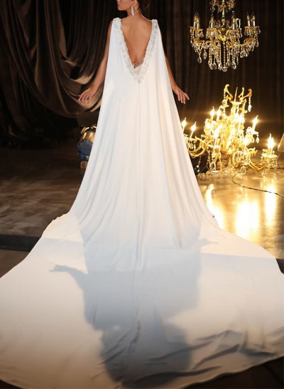 Sheath/Column V-Neck Sleeveless Satin Wedding Dresses With Rhinestone