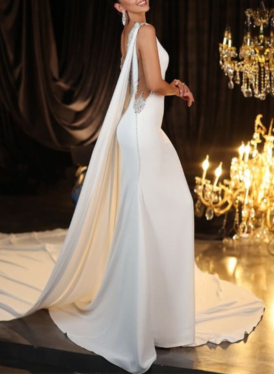 Sheath/Column V-Neck Sleeveless Satin Wedding Dresses With Rhinestone