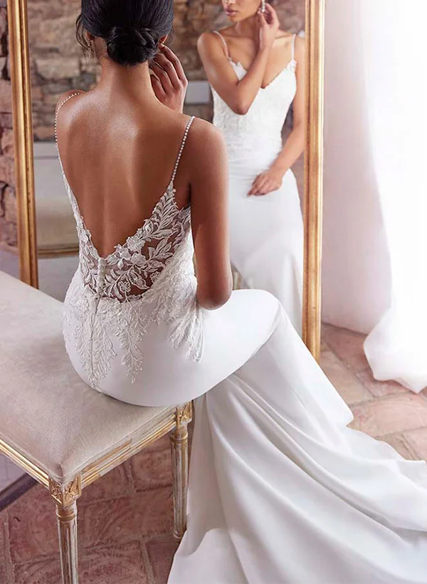 Missacc Ivory Bride Trumpet/Mermaid V-Neck Sleeveless Lace/Elastic Satin Wedding Dresses