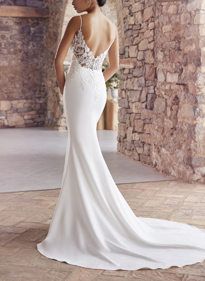 Trumpet/Mermaid V-Neck Sleeveless Lace/Elastic Satin Wedding Dresses