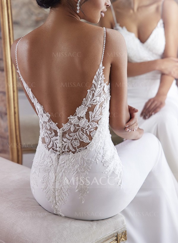 Trumpet/Mermaid V-Neck Sleeveless Lace/Elastic Satin Wedding Dresses