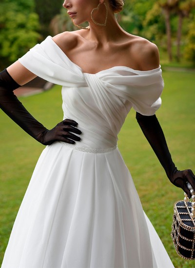A-Line Off-The-Shoulder Sleeveless Sweep Train Organza Wedding Dresses