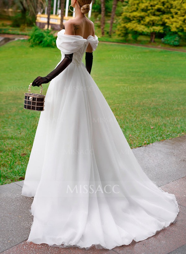 A-Line Off-The-Shoulder Sleeveless Sweep Train Organza Wedding Dresses