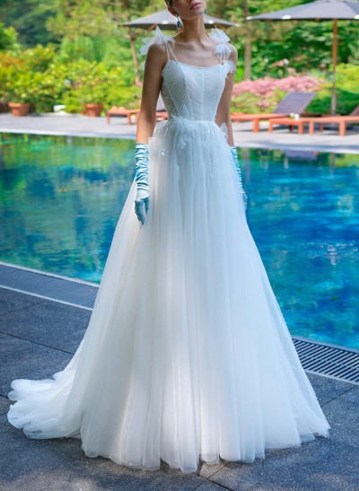 A-Line Square Neckline Sleeveless Sweep Train Lace/Tulle Wedding Dresses