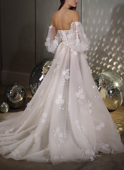 A-Line Off-The-Shoulder Long Sleeves Lace/Tulle Wedding Dresses