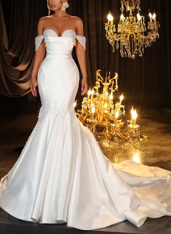 Trumpet/Mermaid Sweetheart Sleeveless Satin Wedding Dresses With Beading