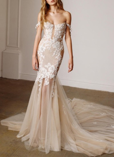 Trumpet/Mermaid Off-The-Shoulder Tulle Wedding Dresses With Appliques Lace