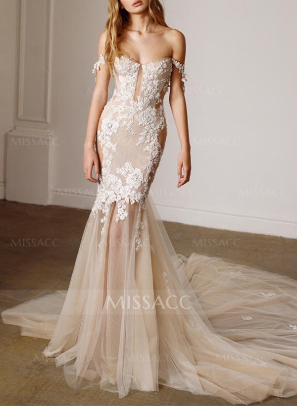 Trumpet/Mermaid Off-The-Shoulder Tulle Wedding Dresses With Appliques Lace