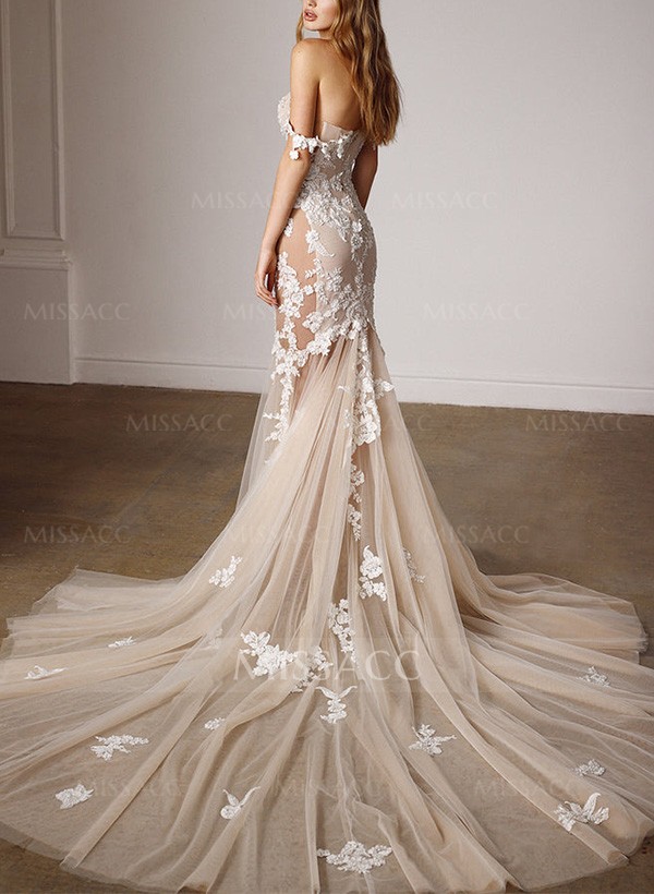 Trumpet/Mermaid Off-The-Shoulder Tulle Wedding Dresses With Appliques Lace