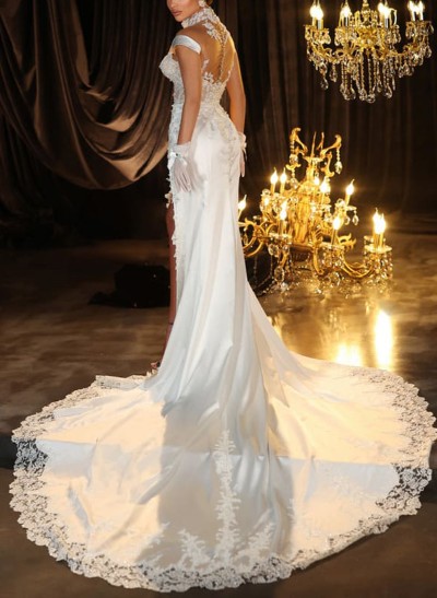 Sheath/Column Illusion Neck Lace/Silk Like Satin Wedding Dresses With High Split