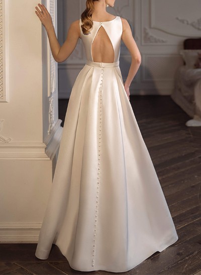 A-Line Scoop Neck Sleeveless Satin Wedding Dresses With Back Hole
