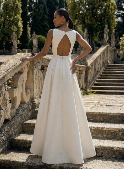 A-Line Scoop Neck Sleeveless Satin Wedding Dresses With Back Hole