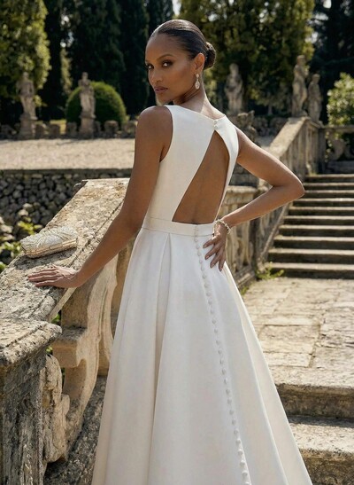 A-Line Scoop Neck Sleeveless Satin Wedding Dresses With Back Hole