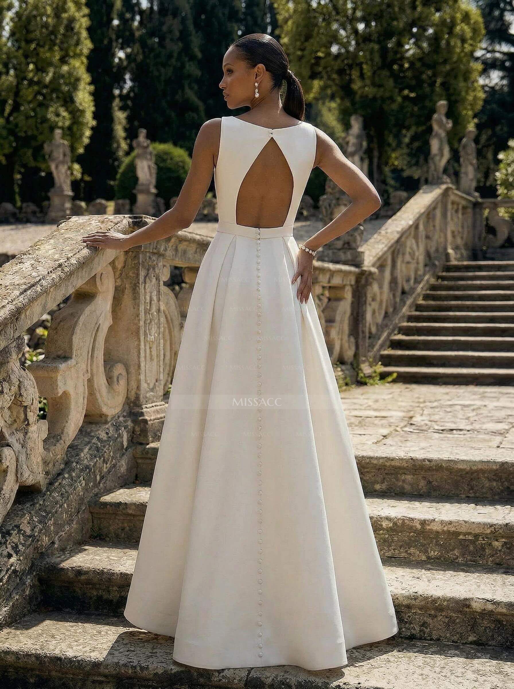 A-Line Scoop Neck Sleeveless Satin Wedding Dresses With Back Hole A-Line Scoop Neck Sleeveless Satin Wedding Dresses With Back Hole