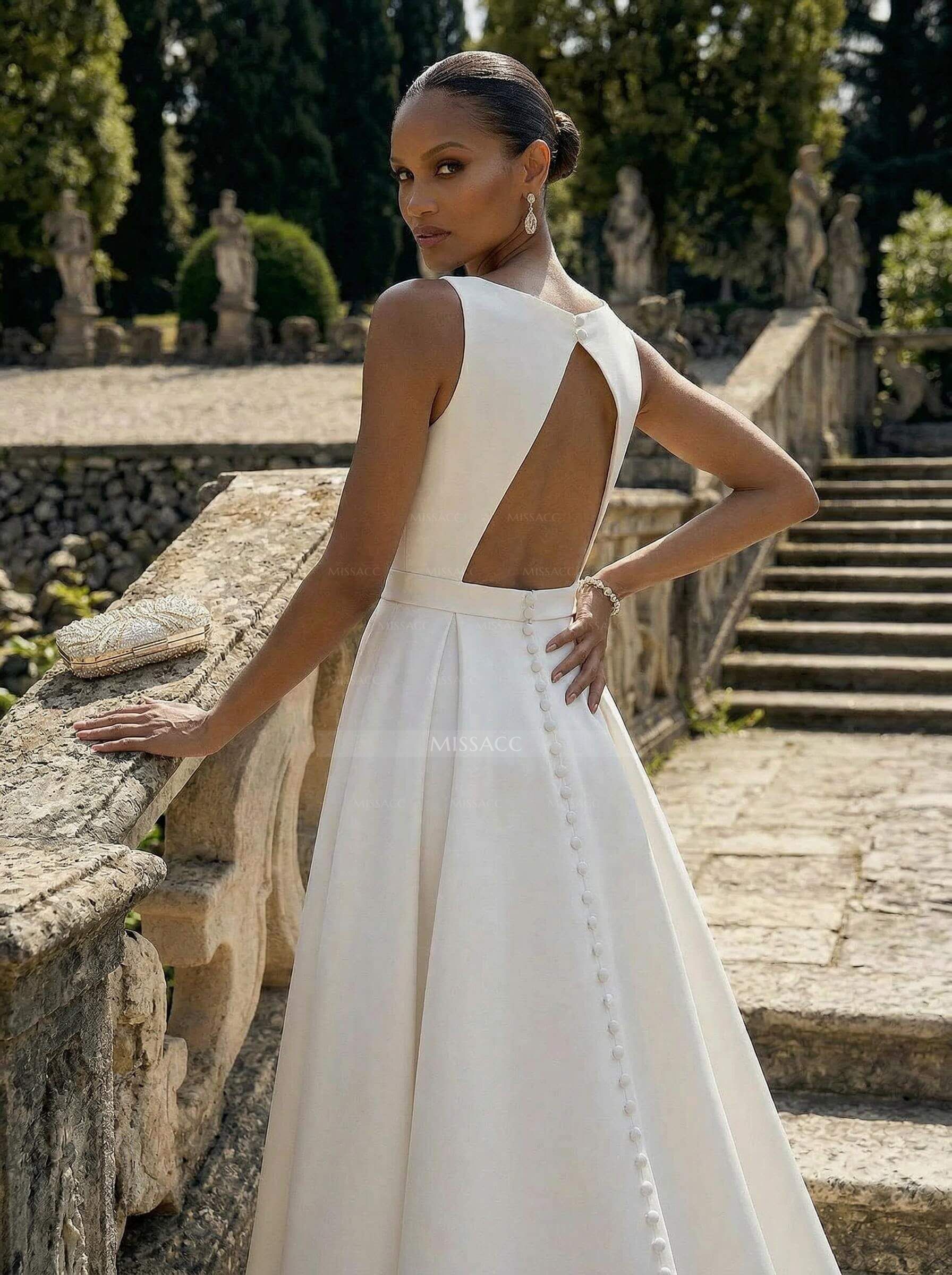 A-Line Scoop Neck Sleeveless Satin Wedding Dresses With Back Hole A-Line Scoop Neck Sleeveless Satin Wedding Dresses With Back Hole