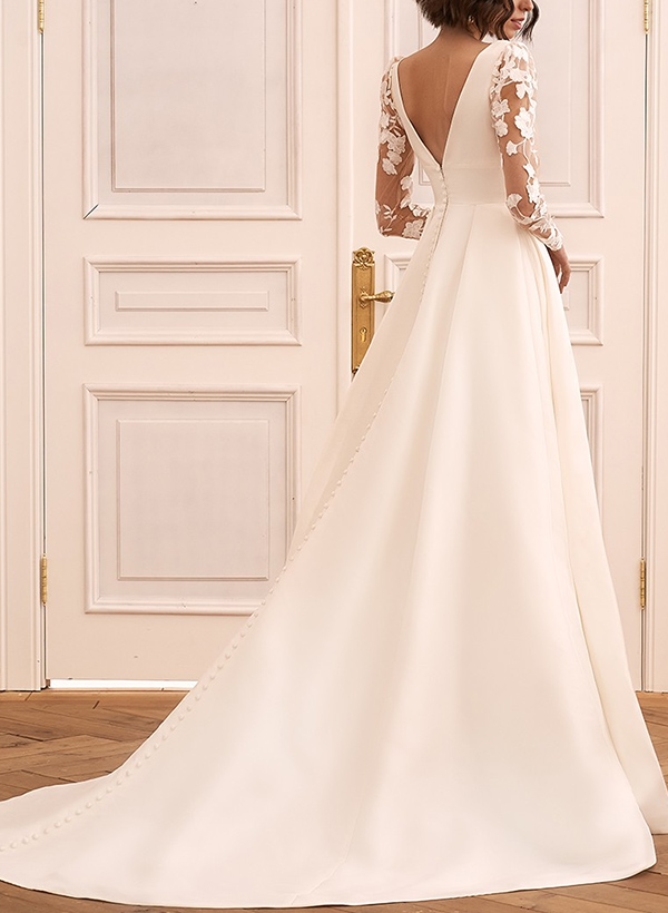 A-Line V-Neck Long Sleeves Sweep Train Satin Wedding Dresses With Lace