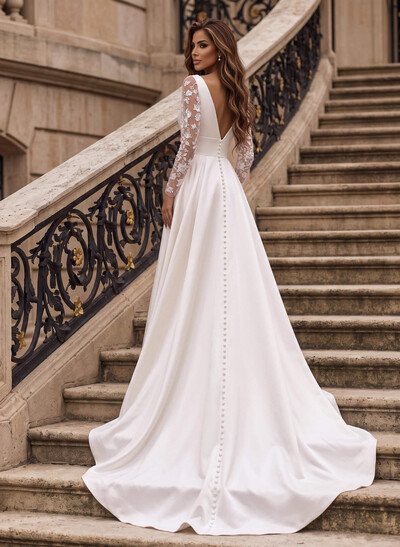 A-Line V-Neck Long Sleeves Sweep Train Satin Wedding Dresses With Lace