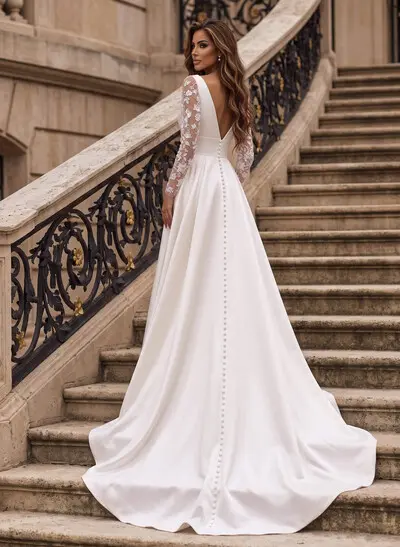 A-Line V-Neck Long Sleeves Sweep Train Satin Wedding Dresses With Lace