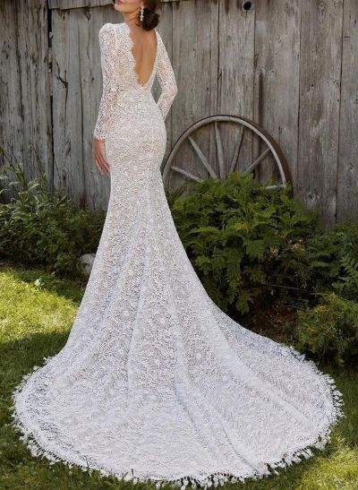 Sheath/Column V-Neck Long Sleeves Lace Wedding Dresses With High Split