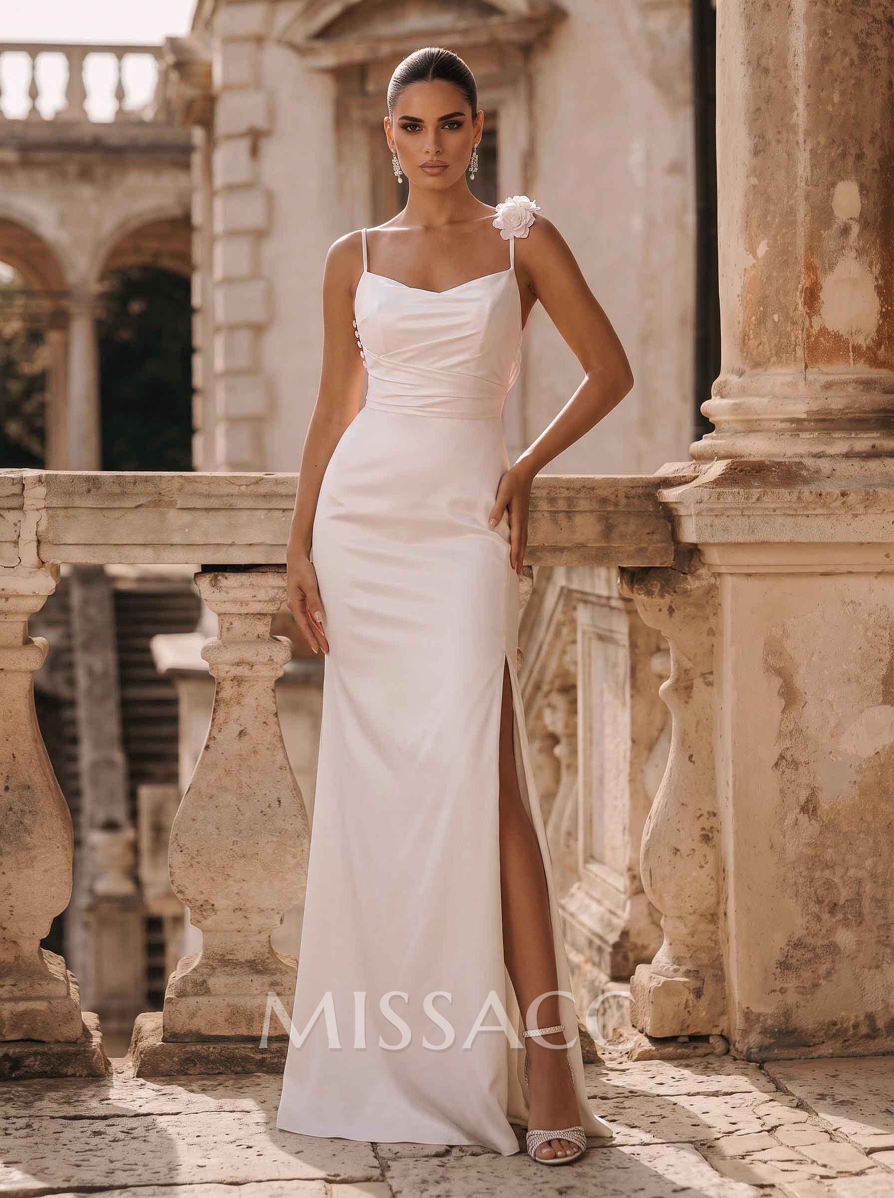 Sheath/Column Italian Satin Wedding Dresses With Flower(s)/High Split