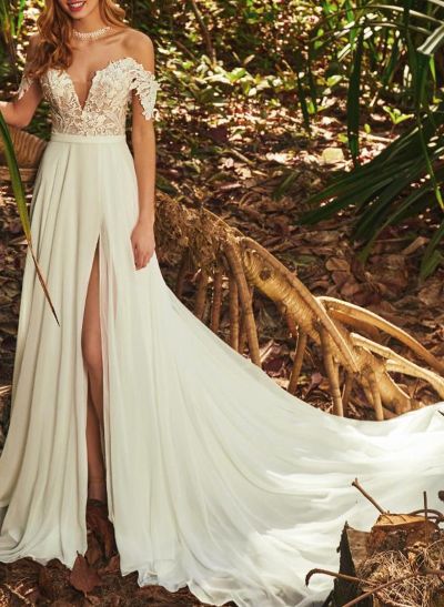 A-Line Off-The-Shoulder Chiffon/Lace Wedding Dresses With High Split