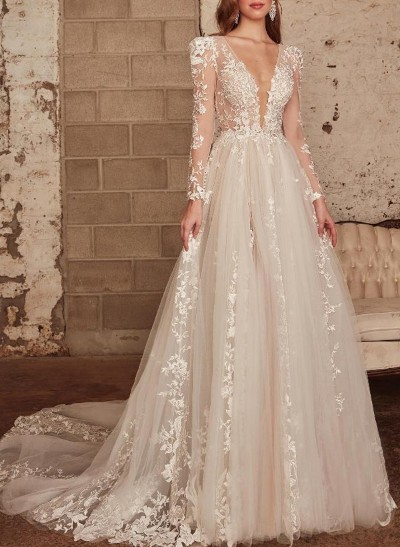 A-Line V-Neck Long Sleeves Court Train Lace/Tulle Wedding Dresses