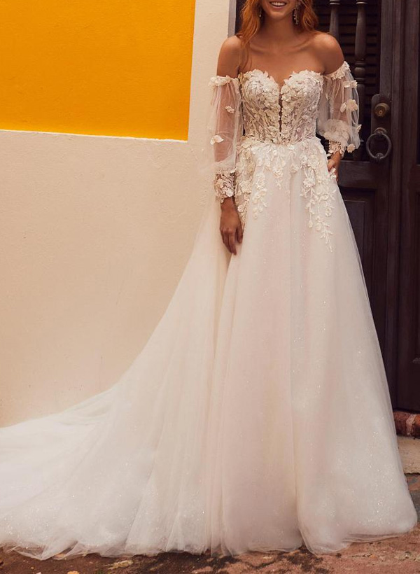 A-Line Off-The-Shoulder Tulle Wedding Dresses With Appliques Lace