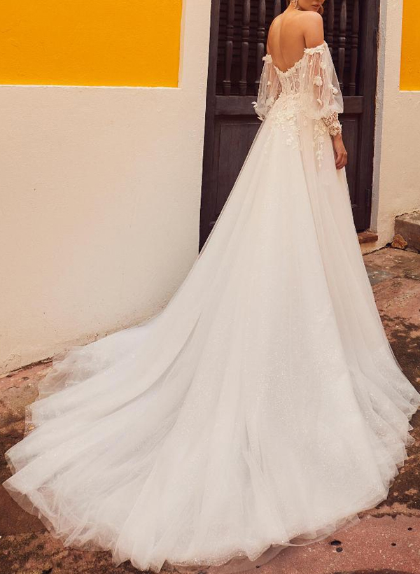 A-Line Off-The-Shoulder Tulle Wedding Dresses With Appliques Lace